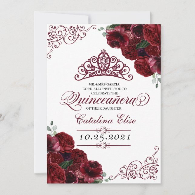 Burgundy Floral Quinceanera Birthday Invitation (Front)