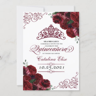 Burgundy Floral Quinceanera Birthday Invitation