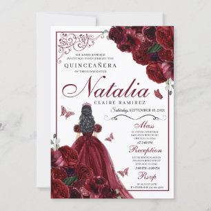 Burgundy Floral Quinceanera Birthday Invitation