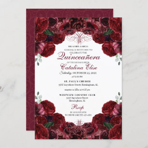 Burgundy Floral Quinceanera Birthday Invitation
