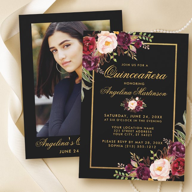 Burgundy Floral Quinceanera Black Gold Photo Back Invitation (Customize to change text size or text style.)
