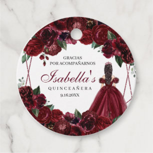 Burgundy Floral Quinceanera Circle Favour Tags