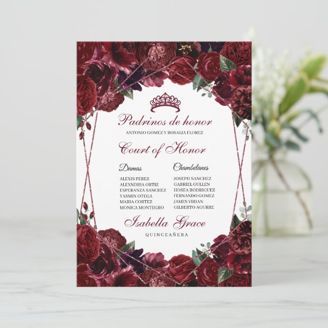 Burgundy Floral Quinceanera Court of Honour Invitation (Standing Front)