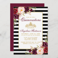 Burgundy Floral Quinceanera Gold Crown Stripes