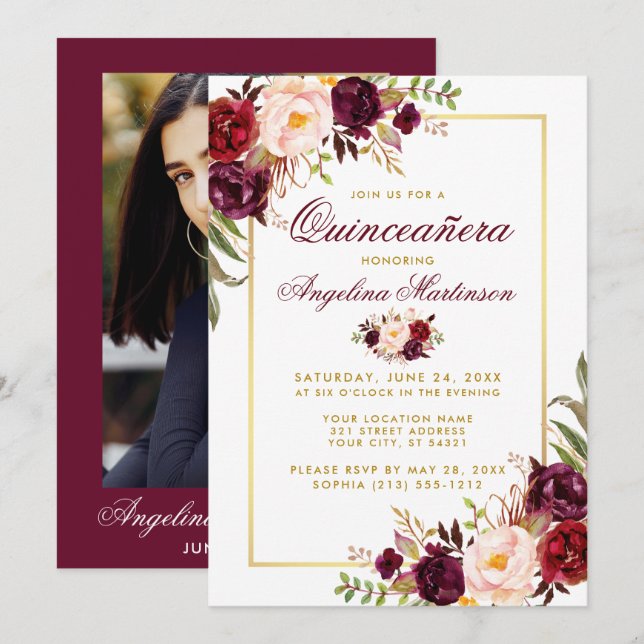 Burgundy Floral Quinceanera Gold Photo Back Invitation (Front/Back)