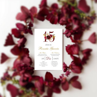 Burgundy floral quinceañera invitation