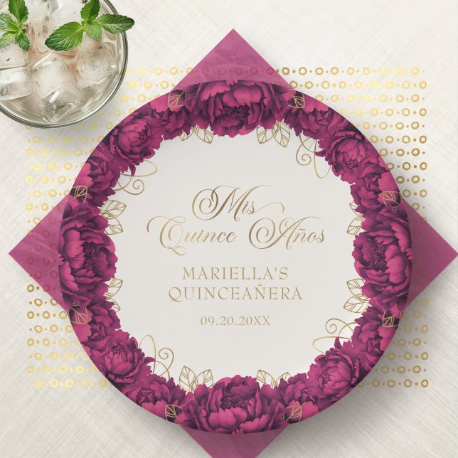 Burgundy Floral Quinceanera Paper Plate (Creator Uploaded)