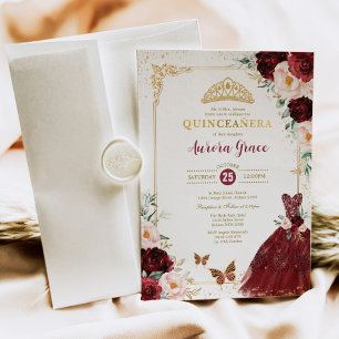 Burgundy Floral Quinceañera Princess Mis Quince  Invitation