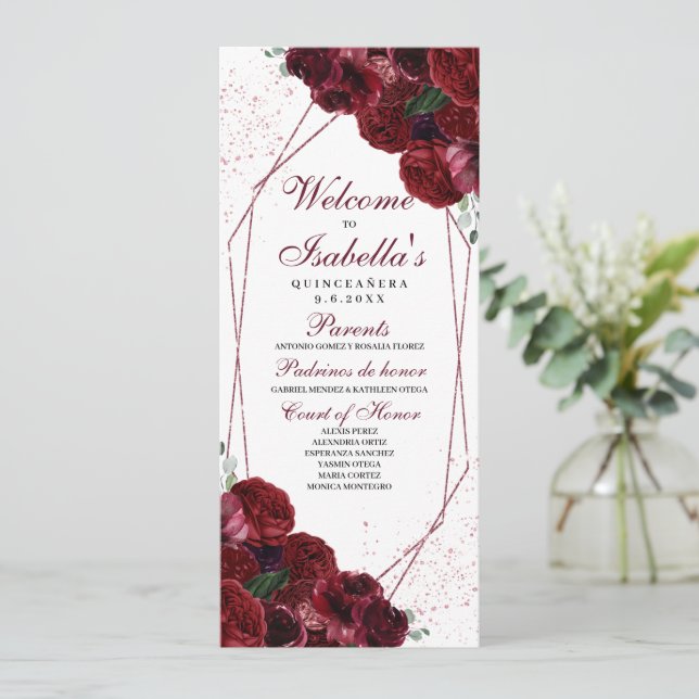 Burgundy Floral Quinceanera Program Invitation (Standing Front)