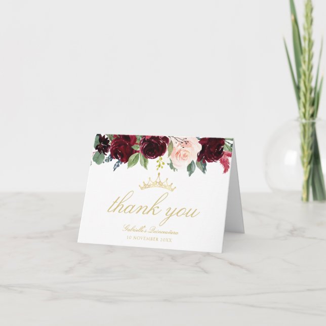 burgundy floral quinceanera thank you card (Front)