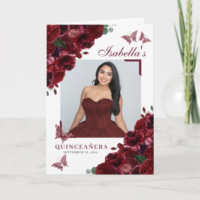 Burgundy Floral Quinceanera Tiara Butterflies Programme (Front)