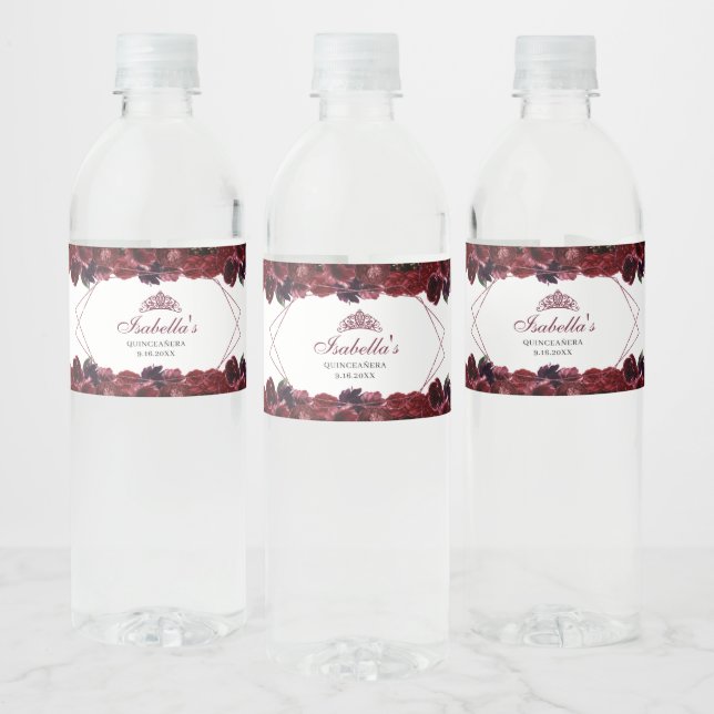 Burgundy Floral Quinceanera Water Bottle Label (Bottles)
