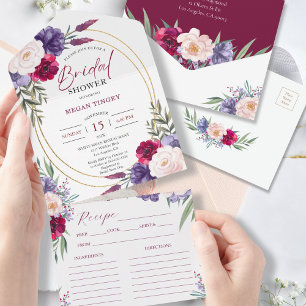 Burgundy Floral Recipe Bridal Shower Invitation