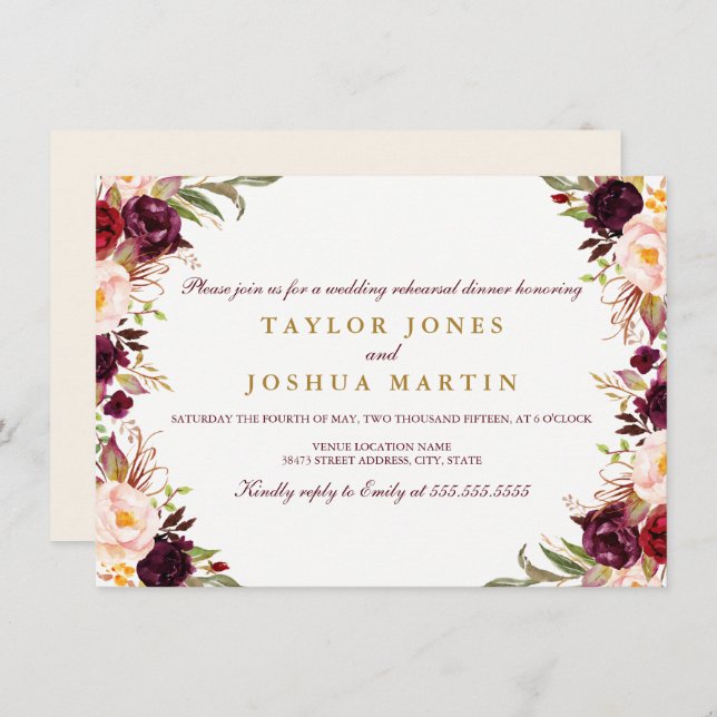 Burgundy Floral Rehearsal Dinner Invite (Front/Back)