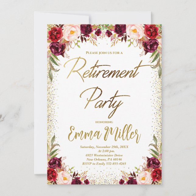 Burgundy Floral Retirement Party Invitation (Front)