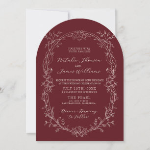 Burgundy Floral Romantic Arched Photo Wedding Invitation