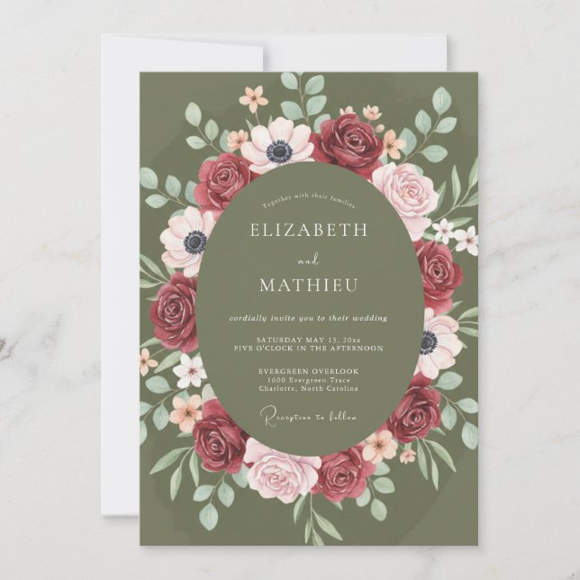 Burgundy Floral Romantic Bloom Wedding Invitation (Front)