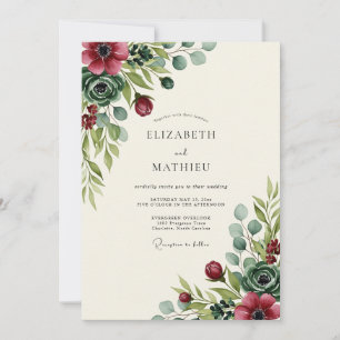 Burgundy Floral Romantic Botanical Wedding Invitation