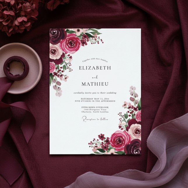 Burgundy Floral Romantic Flourish Wedding Invitation (Creator Uploaded)