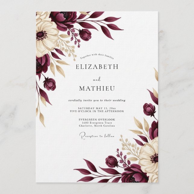 Burgundy Floral Romantic Wedding Invitation (Front)