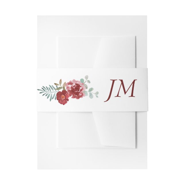 Burgundy Floral Rose Foliage Monogram Wedding Invitation Belly Band (Front Example)