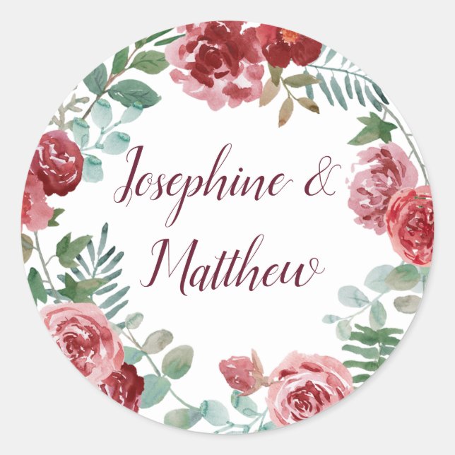 Burgundy Floral Rose Foliage Wedding Classic Round Sticker (Front)