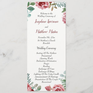 Burgundy Floral Rose Foliage Wedding Programs Programme