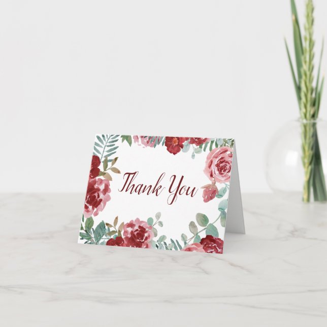 Burgundy Floral Rose Foliage Wedding Thank You Card (Front)