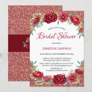 Burgundy Floral Rose Gold Glitter Bridal Shower Invitation