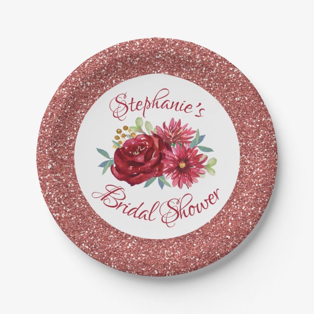 Burgundy Floral Rose Gold Glitter Bridal Shower Paper Plate (Front)