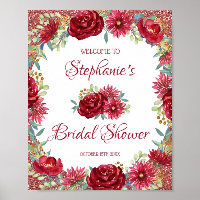 Burgundy Floral Rose Gold Glitter Bridal Shower Poster (Front)