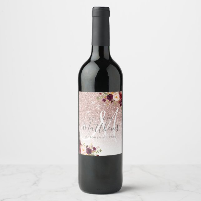 Burgundy Floral Rose Gold Glitter Monogram Wedding Wine Label (Front)