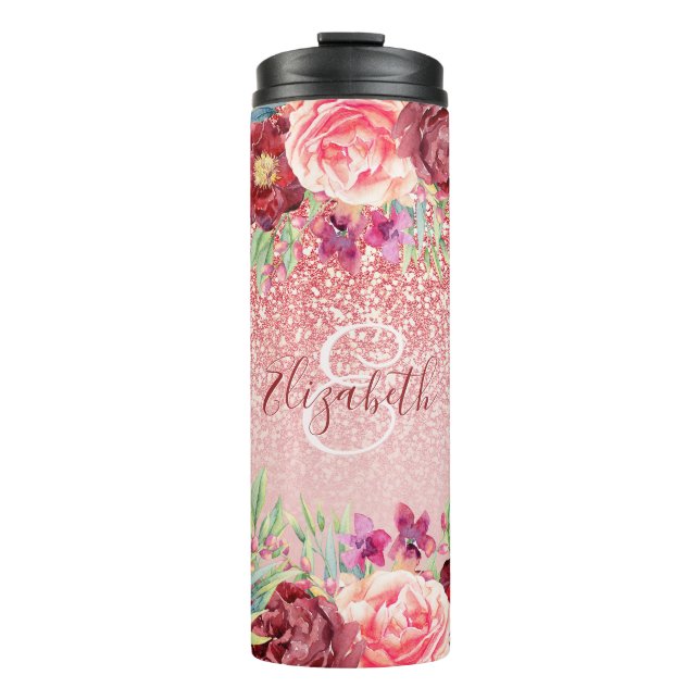 Burgundy Floral Rose Gold Glitter Personalised Thermal Tumbler (Front)