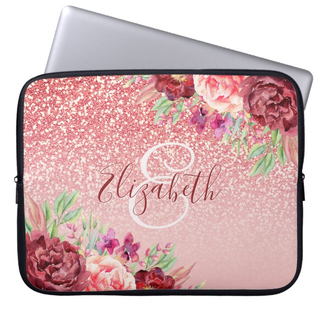 Burgundy Floral Rose Gold Glitter Personalized Laptop Sleeve (Front)