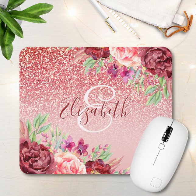 Burgundy Floral Rose Gold Glitter Personalized Mouse Pad (Creator Uploaded)