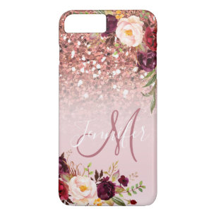 Burgundy Floral Rose Gold Glitter Sparkles Name Case-Mate iPhone Case