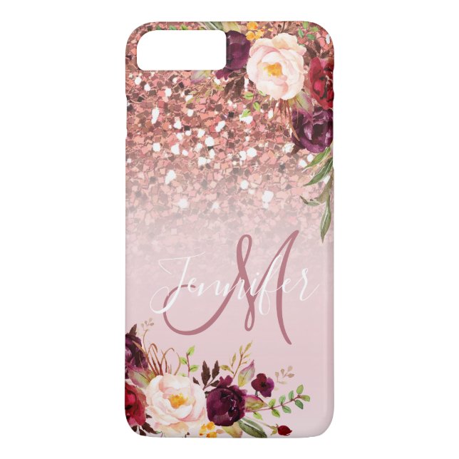 Burgundy Floral Rose Gold Glitter Sparkles Name Case-Mate iPhone Case (Back)