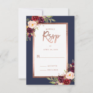 Burgundy Floral Rose Gold Moody Wedding RSVP Card
