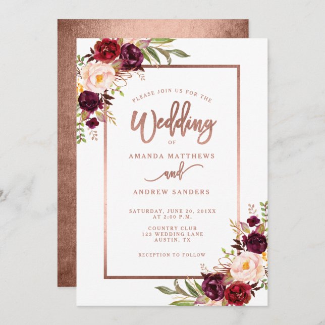 Burgundy Floral Rose Gold Script Wedding Invitation (Front/Back)