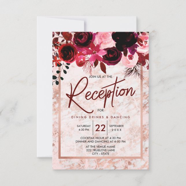 Burgundy Floral & Rose Gold Wedding Reception Invitation (Front)
