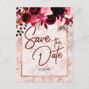 Burgundy Floral & Rose Gold Wedding Save the Date Announcement Postcard