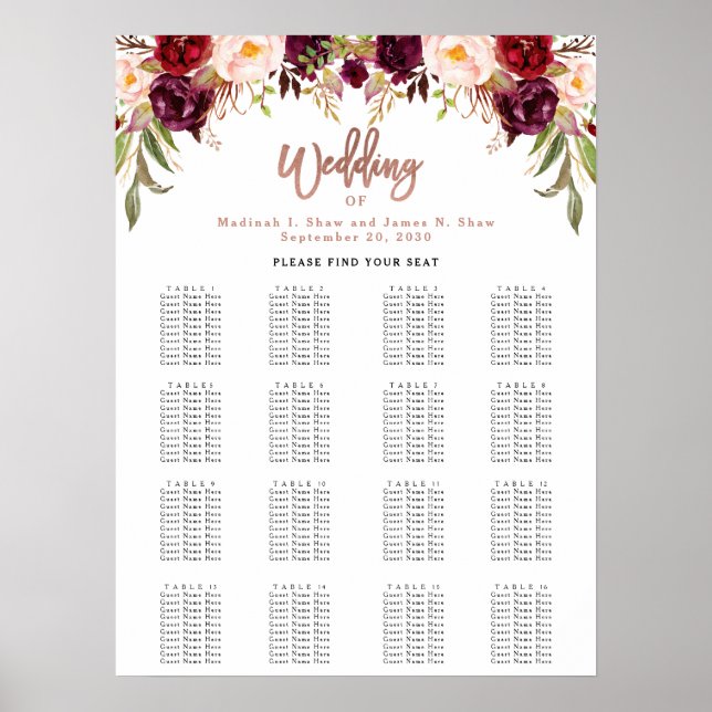 Burgundy Floral Rose Gold Wedding Seating Chart (Front)