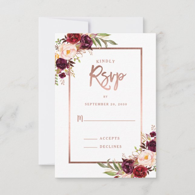 Burgundy Floral Rose Gold White Wedding RSVP (Front)