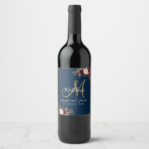 Burgundy Floral Rose Navy Blue Monogram Wedding Wine Label