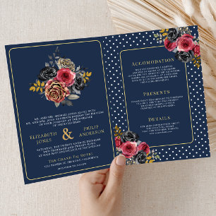 Burgundy Floral Roses All in One Navy Blue Wedding Invitation