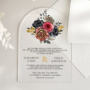 Burgundy Floral Roses Black Wedding Acrylic Invitations