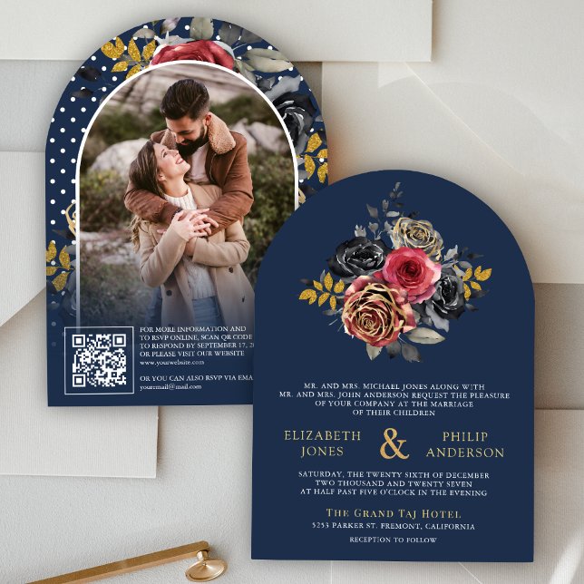 Burgundy Floral Roses QR Code Photo Navy Wedding Invitation (Creator Uploaded)