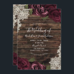 Burgundy Floral Roses Rustic Wood Lace Wedding Invitation<br><div class="desc">Customise any way you want.</div>