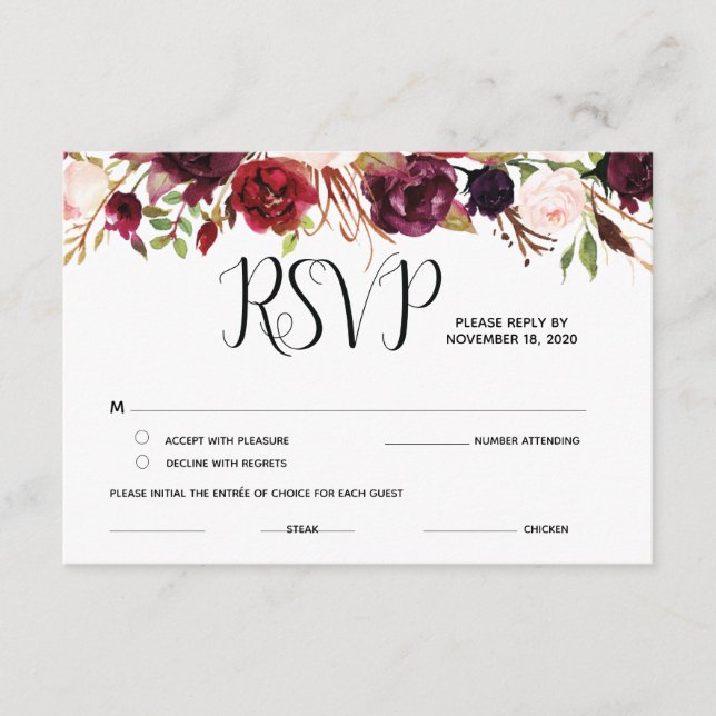 Burgundy floral RSVP, Response, reply Cards (Front)