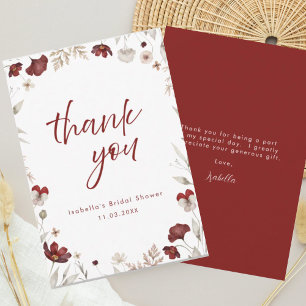 Burgundy Floral Rustic Bridal Shower  Thank You Card